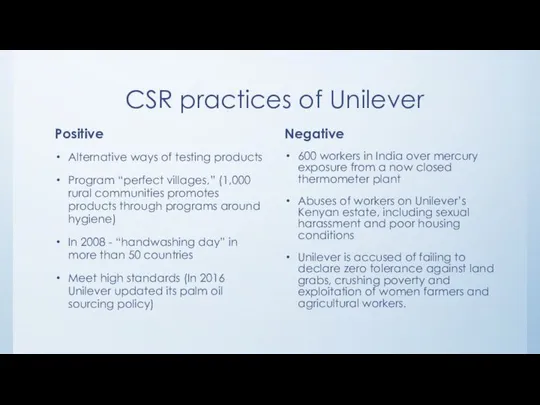 CSR practices of Unilever Positive Alternative ways of testing products Program