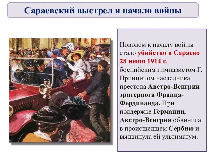 Поводом к началу войны стало убийство в Сараево 28 июня 1914