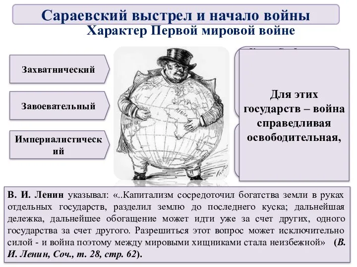 Характер Первой мировой войне Захватнический Завоевательный Империалистический Для всех её участников