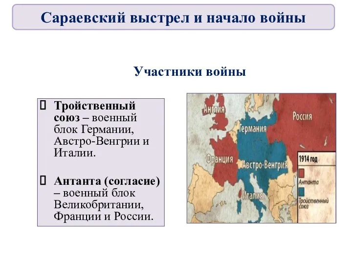 Участники войны Тройственный союз – военный блок Германии, Австро-Венгрии и Италии.