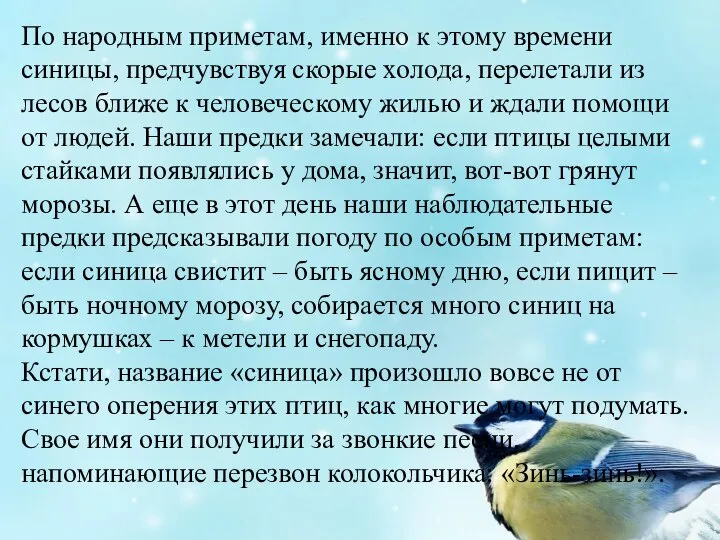 По народным приметам, именно к этому времени синицы, предчувствуя скорые холода,