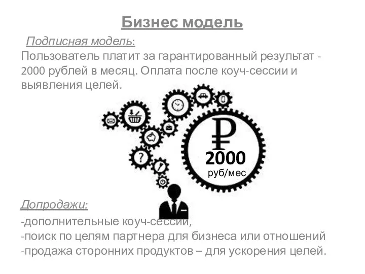 Бизнес модель Подписная модель: Пользователь платит за гарантированный результат - 2000