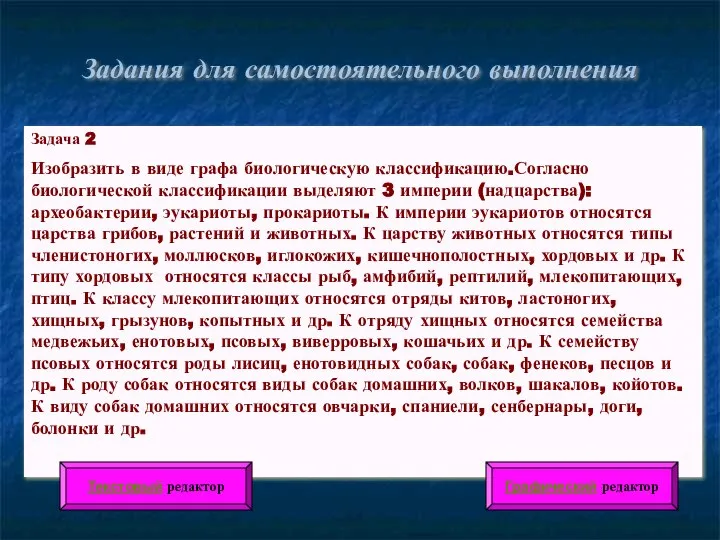 Задания для самостоятельного выполнения Задача 2 Изобразить в виде графа биологическую