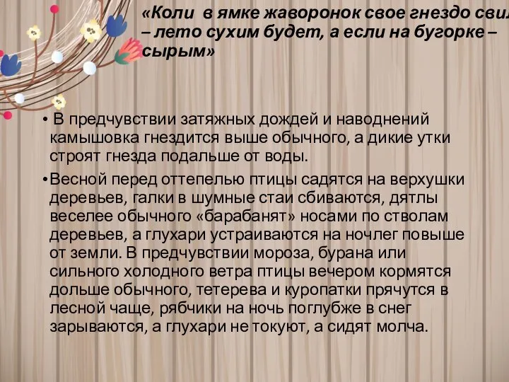 «Коли в ямке жаворонок свое гнездо свил – лето сухим будет,