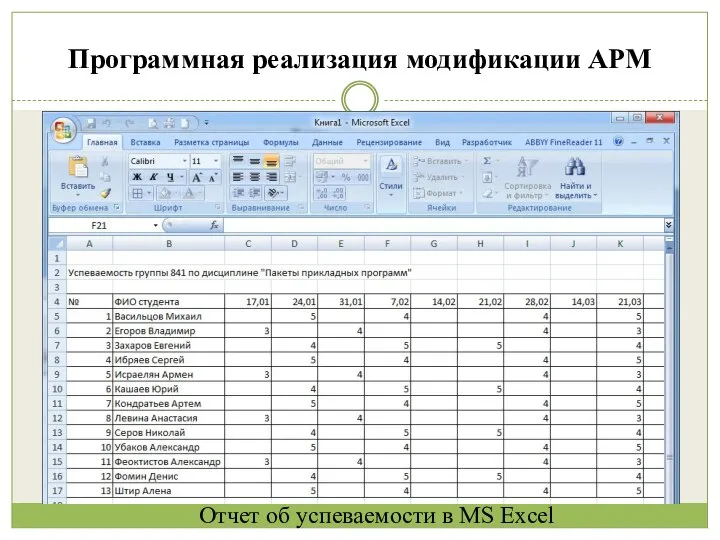 Программная реализация модификации АРМ Отчет об успеваемости в MS Excel