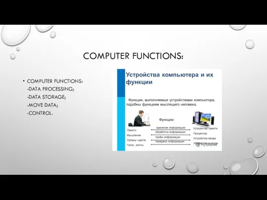 COMPUTER FUNCTIONS: COMPUTER FUNCTIONS: -DATA PROCESSING; -DATA STORAGE; -MOVE DATA; -CONTROL.