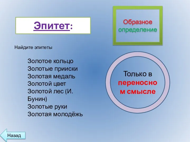 Эпитет: Образное определение Только в переносном смысле Золотое кольцо Золотые прииски