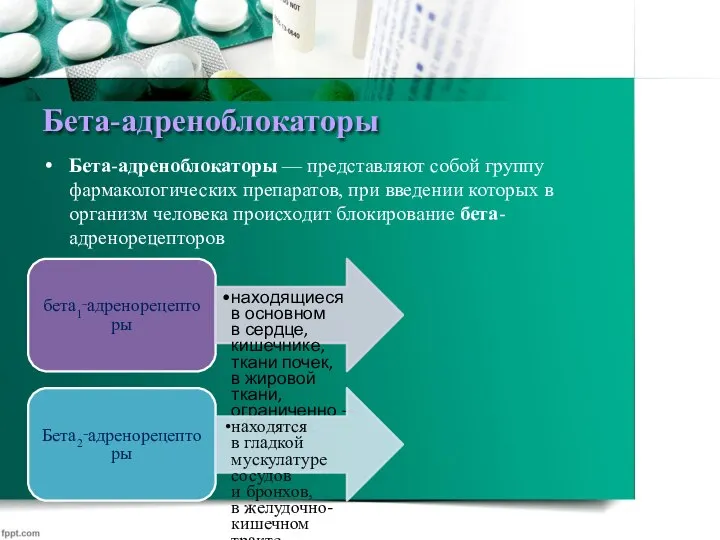 Бета-адреноблокаторы Бета-адреноблокаторы — представляют собой группу фармакологических препаратов, при введении которых