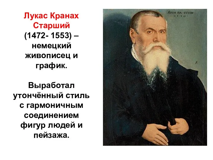 Лукас Кранах Старший (1472- 1553) – немецкий живописец и график. Выработал