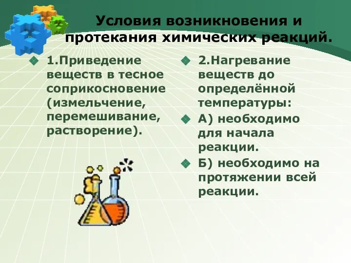 Условия возникновения и протекания химических реакций. 1.Приведение веществ в тесное соприкосновение