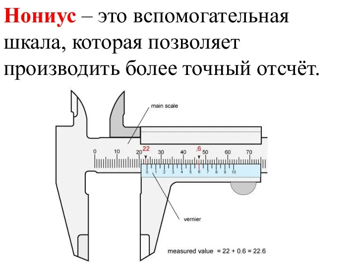 Нониус – это вспомогательная шкала, которая позволяет производить более точный отсчёт.