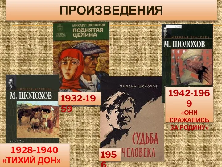 ПРОИЗВЕДЕНИЯ 1928-1940 «ТИХИЙ ДОН» 1932-1959 1956 1942-1969 «ОНИ СРАЖАЛИСЬ ЗА РОДИНУ»