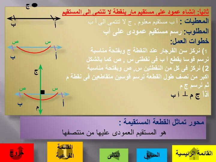 ثانياً: إنشاء عمود على مستقيم مار بنقطة لا تنتمى الى المستقيم