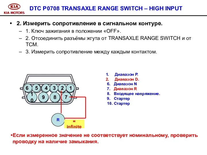 DTC P0708 TRANSAXLE RANGE SWITCH – HIGH INPUT 2. Измерить сопротивление