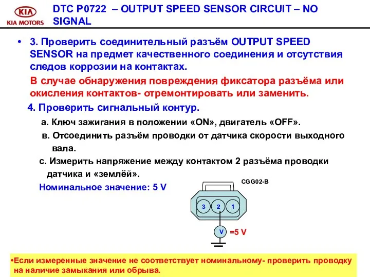 DTC P0722 – OUTPUT SPEED SENSOR CIRCUIT – NO SIGNAL 3.