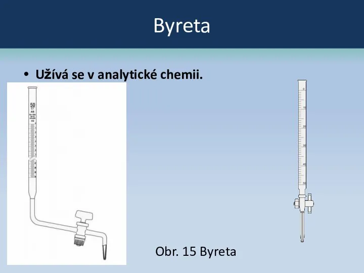Byreta Užívá se v analytické chemii. Obr. 15 Byreta