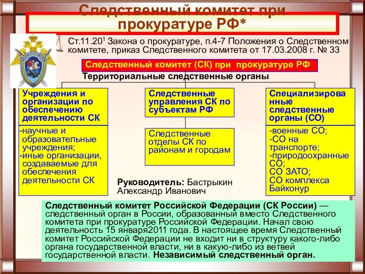 Следственный комитет при прокуратуре РФ* Ст.11.201 Закона о прокуратуре, п.4-7 Положения