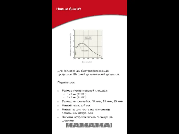 Новые Si-ФЭУ Для регистрации быстропротекающих процессов. Широкий динамический диапазон. Параметры: Размер