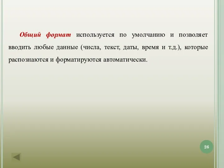 Общий формат используется по умолчанию и позволяет вводить любые данные (числа,