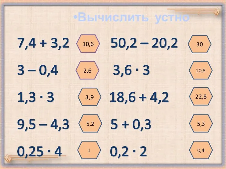 Вычислить устно 10,6 3,9 5,2 1 30 10,8 22,8 5,3 0,4 2,6