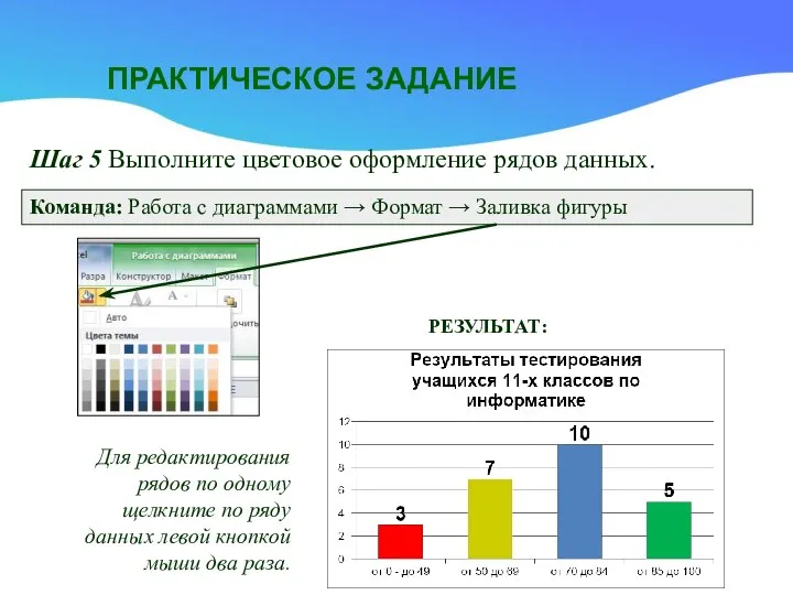 ПРАКТИЧЕСКОЕ ЗАДАНИЕ Шаг 5 Выполните цветовое оформление рядов данных. Команда: Работа