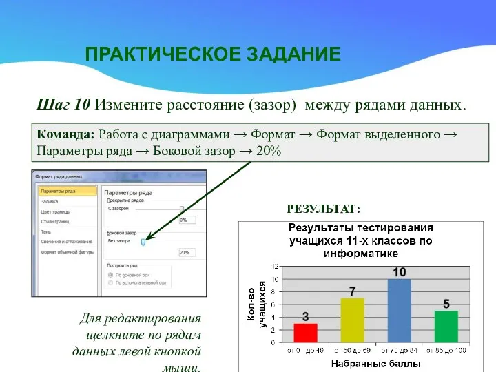 ПРАКТИЧЕСКОЕ ЗАДАНИЕ Шаг 10 Измените расстояние (зазор) между рядами данных. Команда: