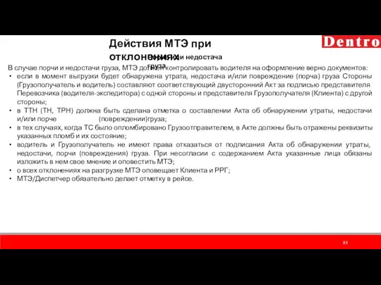 Порча или недостача груза Действия МТЭ при отклонениях В случае порчи