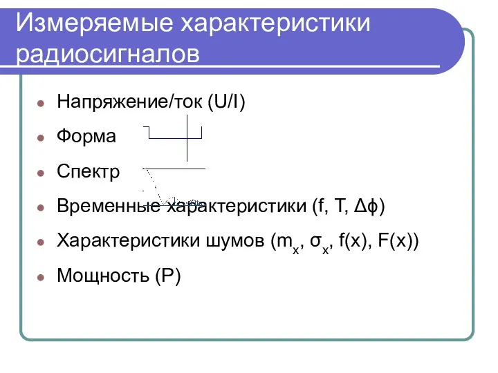 Напряжение/ток (U/I) Форма Спектр Временные характеристики (f, T, Δϕ) Характеристики шумов