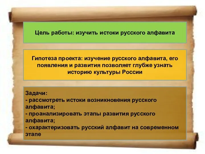 Цель работы: изучить истоки русского алфавита Гипотеза проекта: изучение русского алфавита,