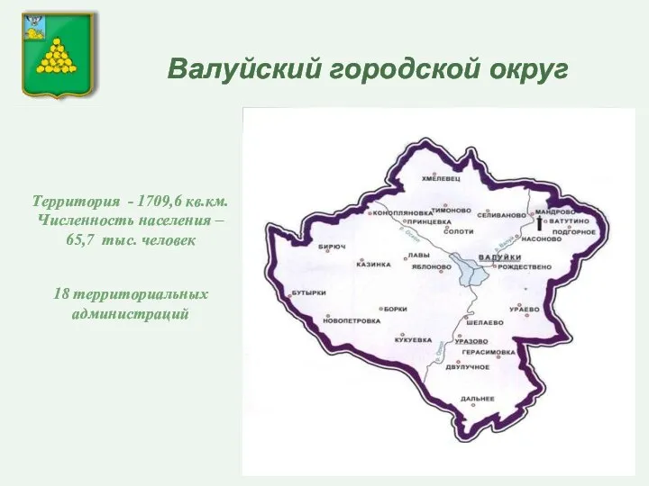 Валуйский городской округ Территория - 1709,6 кв.км. Численность населения – 65,7 тыс. человек 18 территориальных администраций