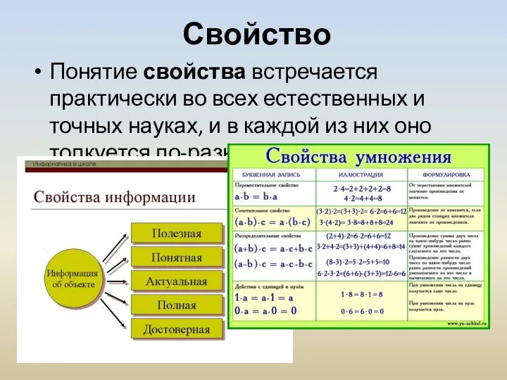 Свойство Понятие свойства встречается практически во всех естественных и точных науках,