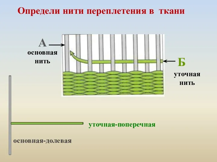 Б уточная нить основная нить основная-долевая уточная-поперечная Определи нити переплетения в ткани А