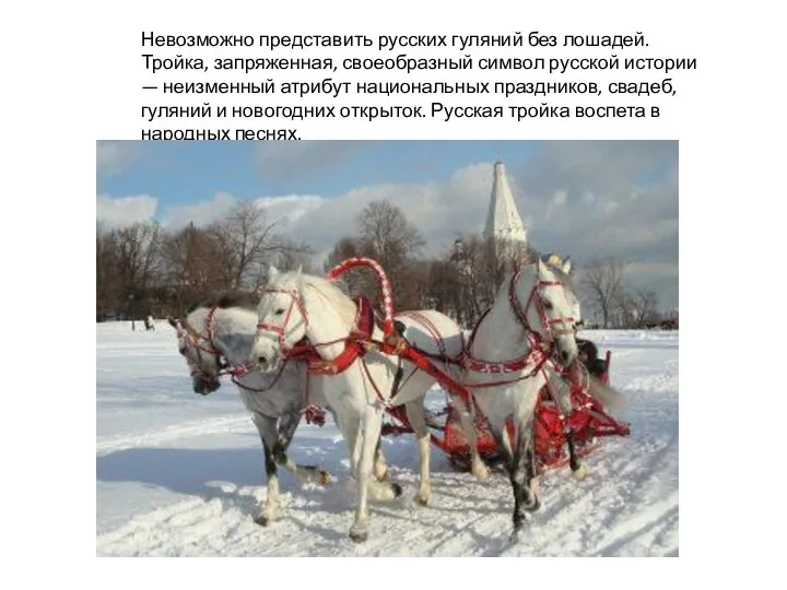 Невозможно представить русских гуляний без лошадей. Тройка, запряженная, своеобразный символ русской
