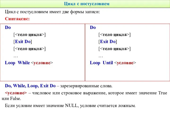 Цикл с постусловием Do [ ] [Exit Do] [ ] …