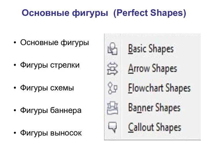 Основные фигуры (Perfect Shapes) Основные фигуры Фигуры стрелки Фигуры схемы Фигуры баннера Фигуры выносок