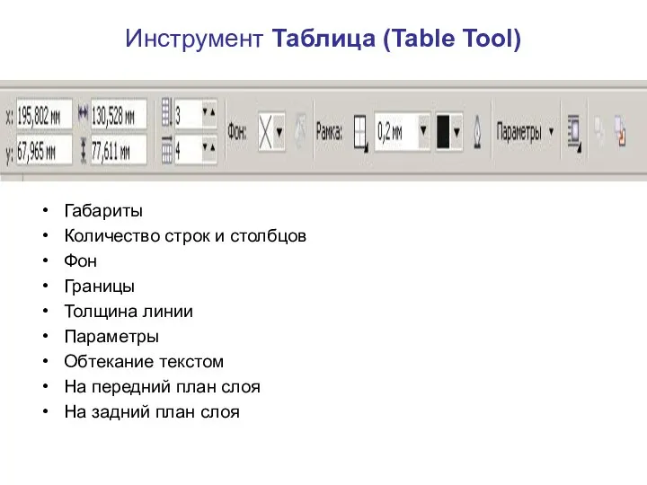 Инструмент Таблица (Table Tool) Габариты Количество строк и столбцов Фон Границы