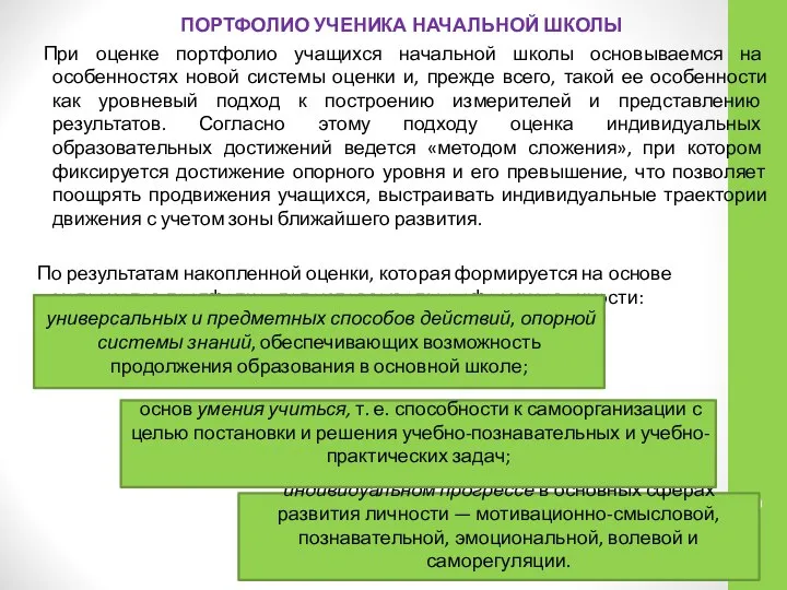 ПОРТФОЛИО УЧЕНИКА НАЧАЛЬНОЙ ШКОЛЫ При оценке портфолио учащихся начальной школы основываемся