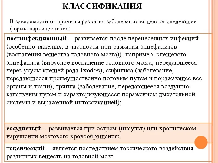 КЛАССИФИКАЦИЯ В зависимости от причины развития заболевания выделяют следующие формы паркинсонизма: