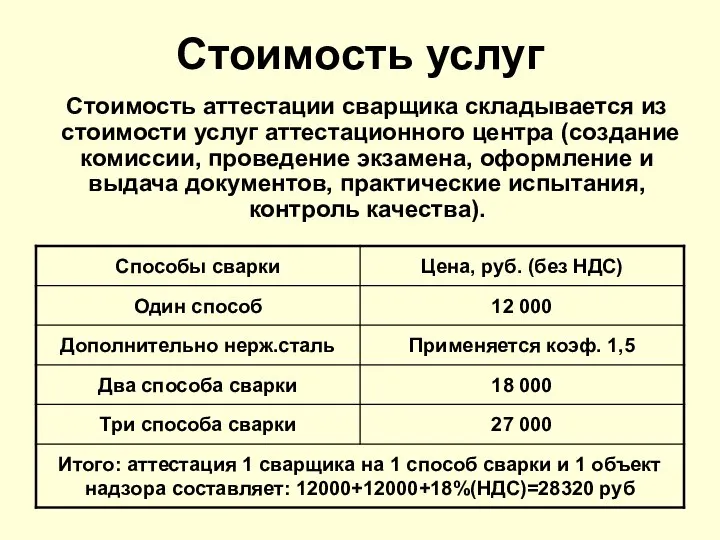 Стоимость услуг Стоимость аттестации сварщика складывается из стоимости услуг аттестационного центра