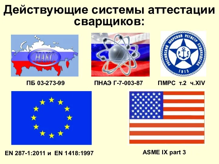 Действующие системы аттестации сварщиков: ПБ 03-273-99 ПНАЭ Г-7-003-87 ПМРС т.2 ч.XIV