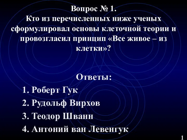 Вопрос № 1. Кто из перечисленных ниже ученых сформулировал основы клеточной