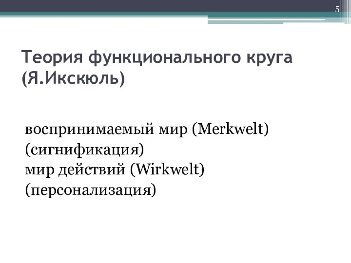 Теория функционального круга (Я.Икскюль) воспринимаемый мир (Merkwelt) (сигнификация) мир действий (Wirkwelt) (персонализация)