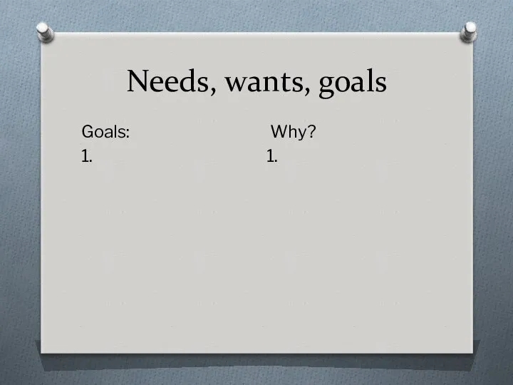 Needs, wants, goals Goals: 1. Why? 1.