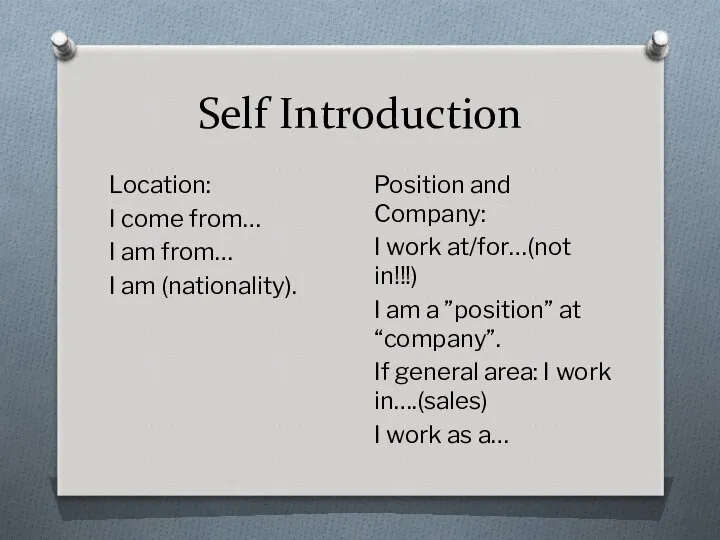 Self Introduction Location: I come from… I am from… I am