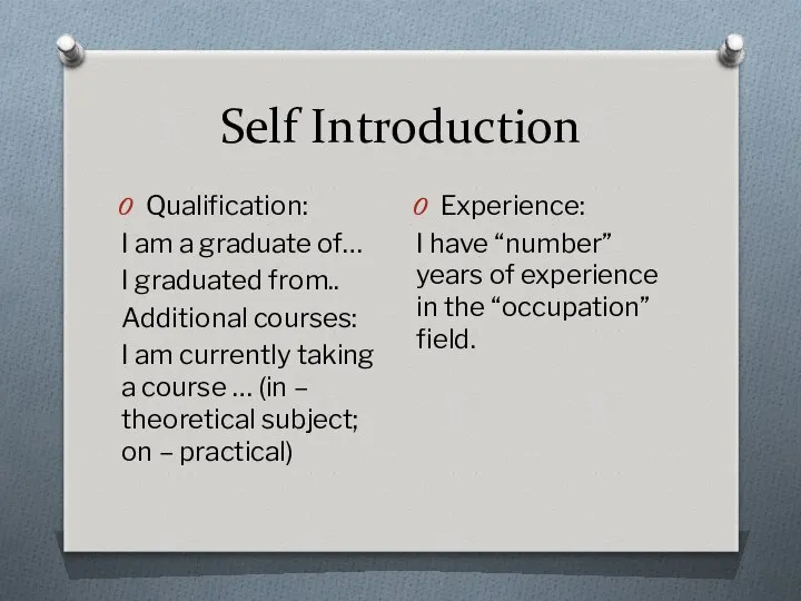 Self Introduction Qualification: I am a graduate of… I graduated from..