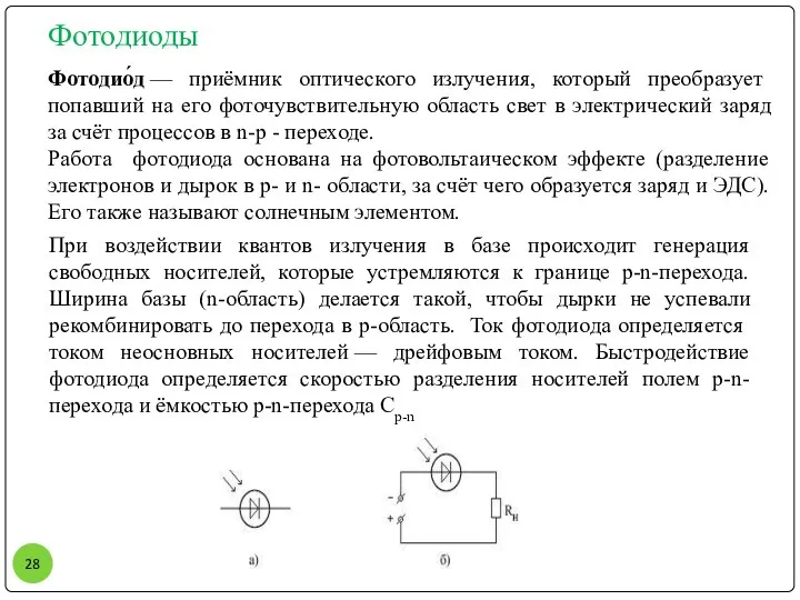 Фотодиоды Фотодио́д — приёмник оптического излучения, который преобразует попавший на его