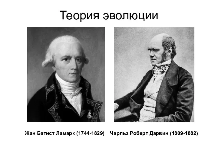 Теория эволюции Жан Батист Ламарк (1744-1829) Чарльз Роберт Дарвин (1809-1882)