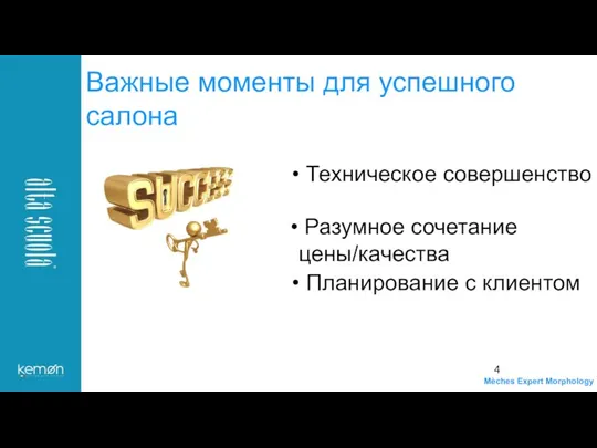 Важные моменты для успешного салона Техническое совершенство Разумное сочетание цены/качества Планирование с клиентом Mèches Expert Morphology