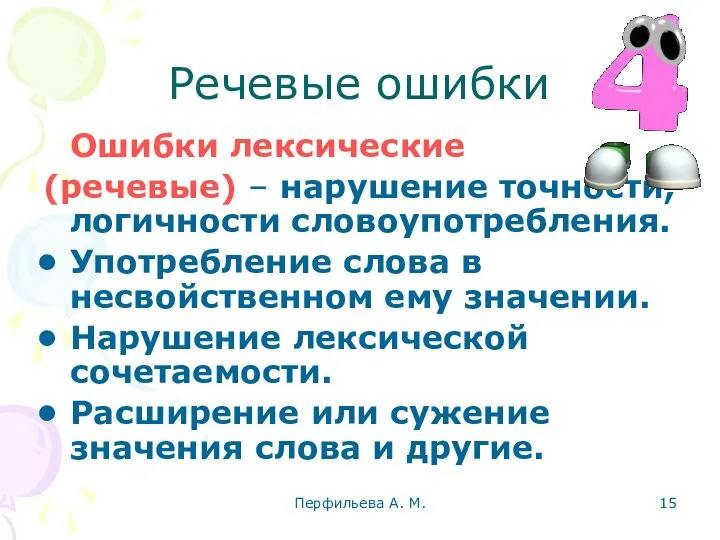 Перфильева А. М. Речевые ошибки Ошибки лексические (речевые) – нарушение точности,