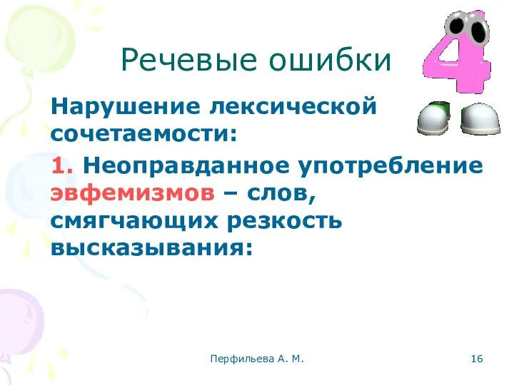 Перфильева А. М. Речевые ошибки Нарушение лексической сочетаемости: 1. Неоправданное употребление